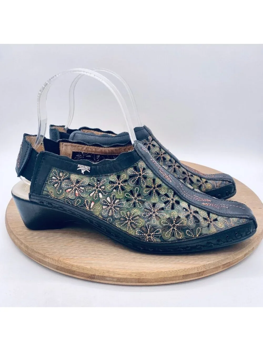 Pikolinos Shoes Womens 7.5 38 Black Green Leather Perforated Slingback Bootie